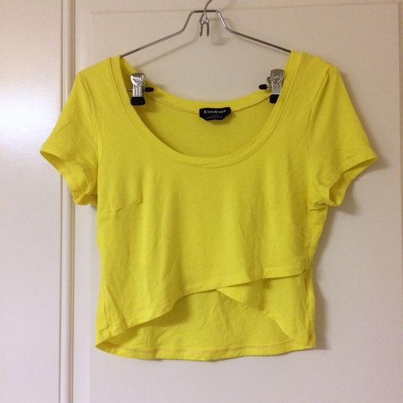 Yellow Crossover Cross Front Hem Crop Top Tee - Picture 3 of 4